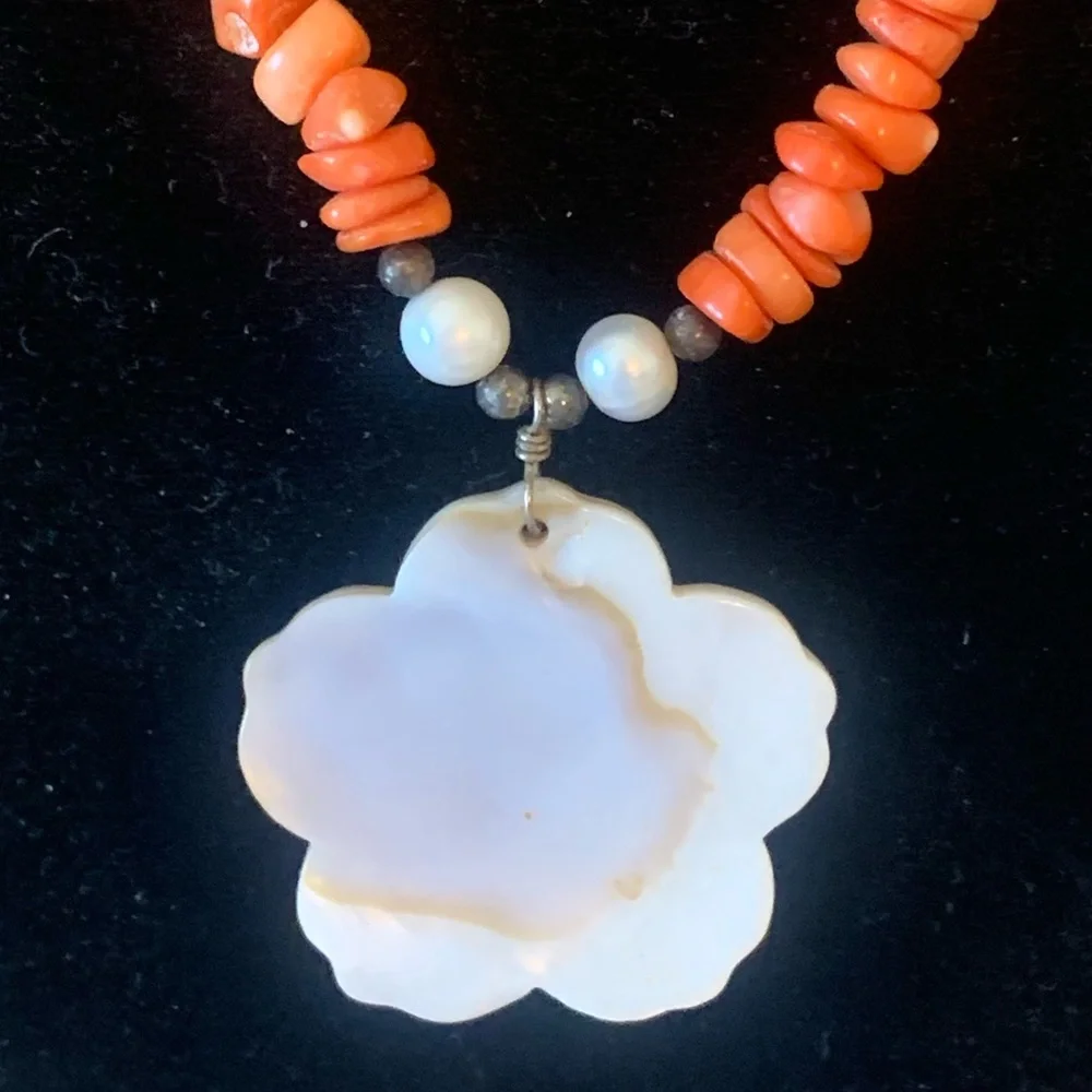 Orange Beaded Necklace with White Flower Pendant - Picture 7 of 11